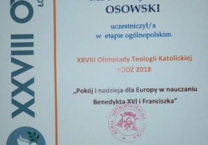 Michał finalistą etapu ogólnopolskiego Olimpiady Teologii Katolickiejj