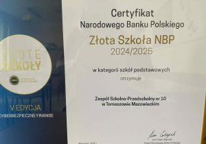 Certyfikat Złote Szkoły NBP