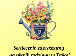 Na żółtym tle konewka z kwiatami.Pod spodem informacje o pikniku