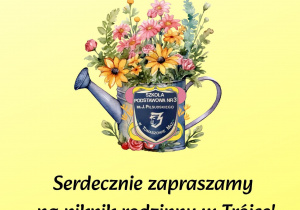 plakat zachęcający do udziału w pikniku. Na żółtym tle konewka z kwiatami.