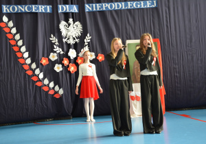 Dzwie dziewczynki w czarnych ubraniach z mikrofonem w ręku na tle dekoracji